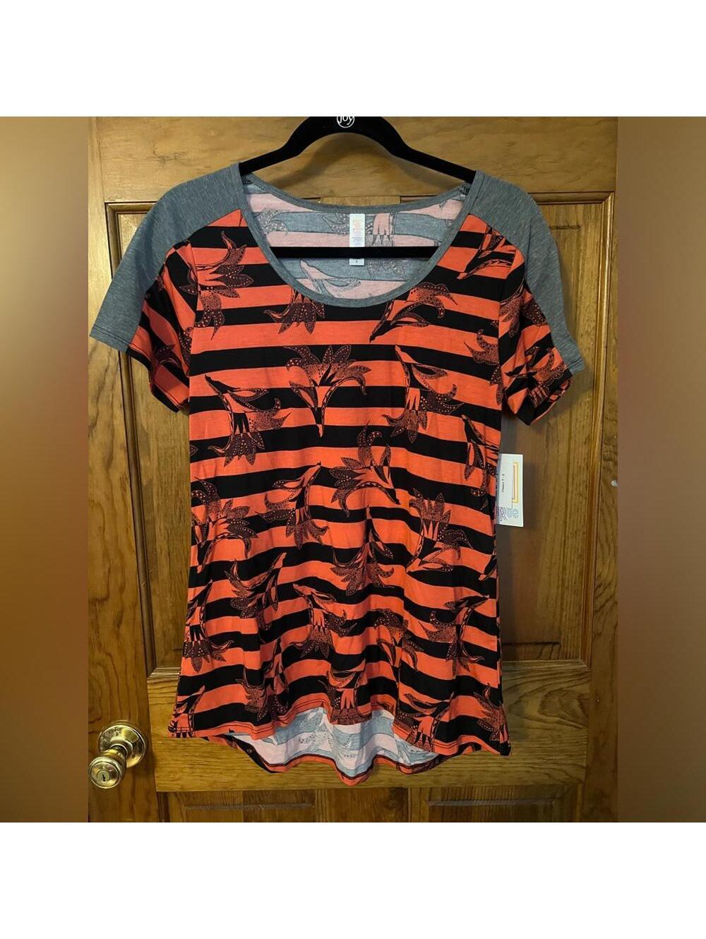 LuLaRoe Classic T Shirt Coral Orange Black Floral Striped High Low Small NWT